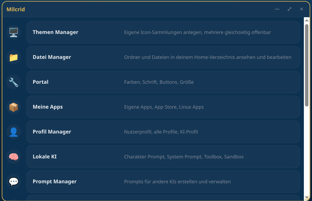 Main menu of the Milcrid portal with all sections