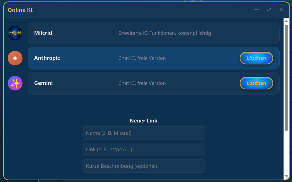 Settings for optional online AI connections